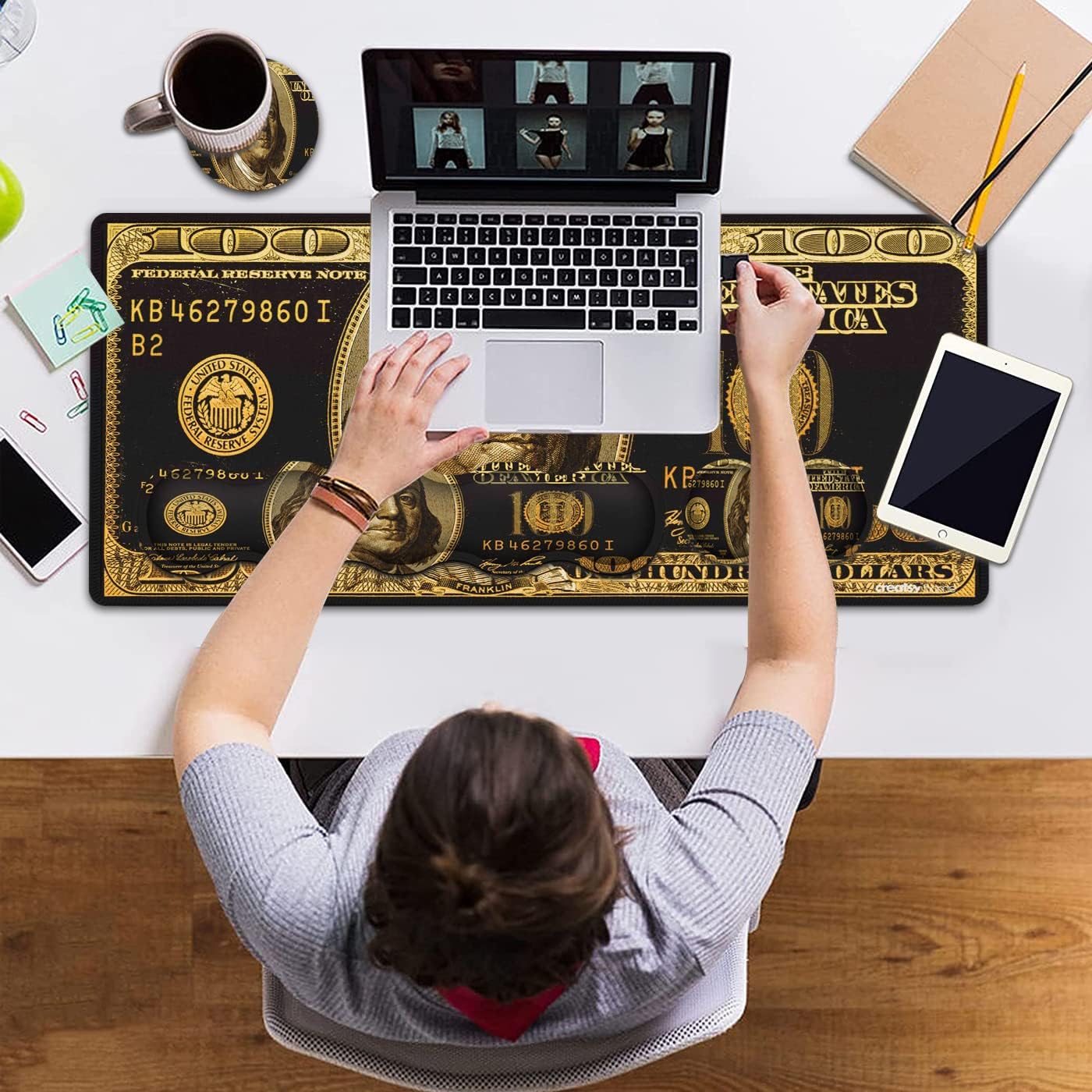 Gaming Mouse Pad and Keyboard Wrist Rest, Large Extended Mouse Pad 31.5X 11.8,Ergonomic Memory Foam Wrist Rest + Desk Mat Protector,for Office/Home Writing Pad, Black Gold Dollars/Bills Mousepad