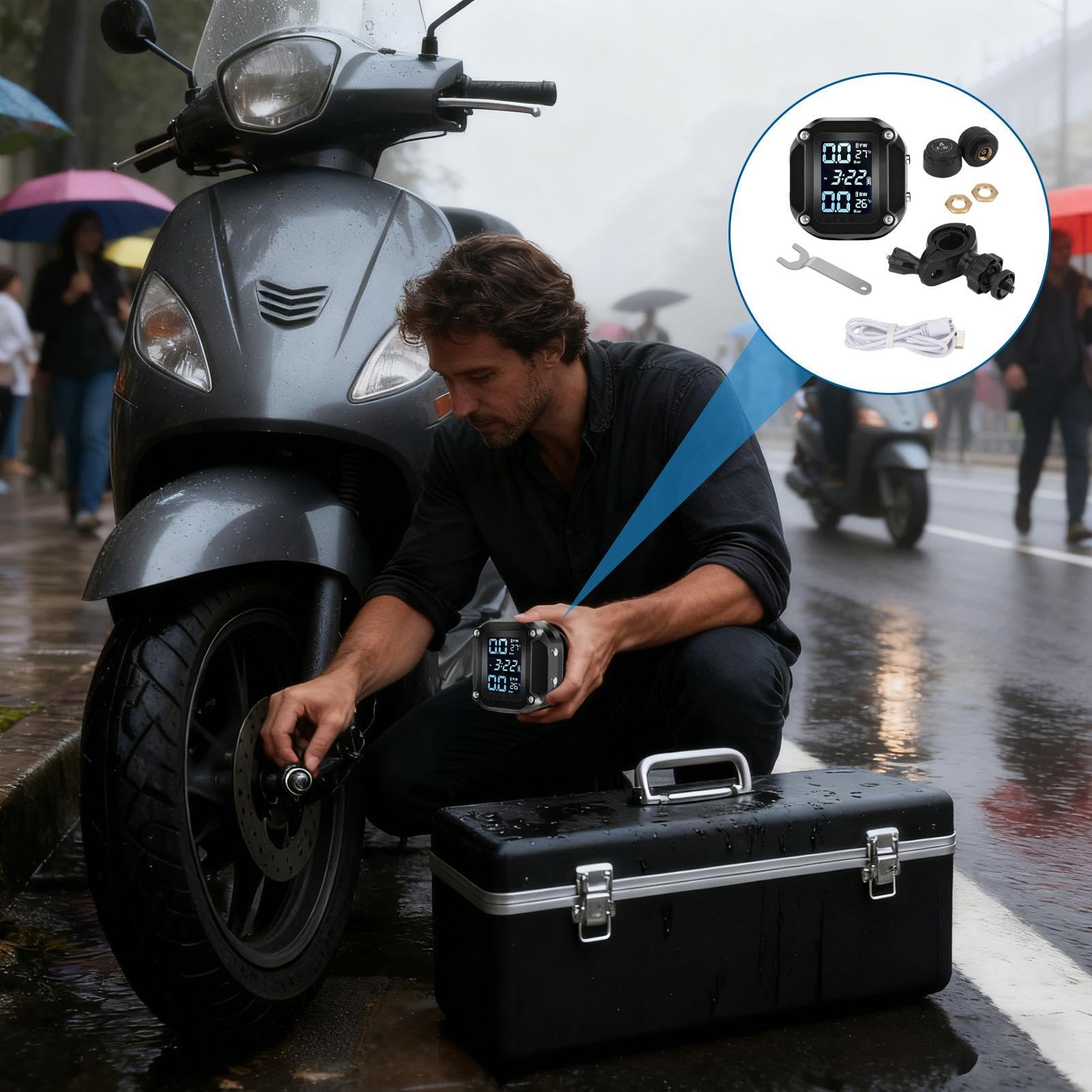 System ciśnienia w oponach, detektor opon motocyklowych z wyświetlaczem LCD | Wodoodporny alarm ciśnienia i temperatury z zewnętrznym czujnikiem do motocykli, rowerów, quadów i bezpieczeństwa drogowego