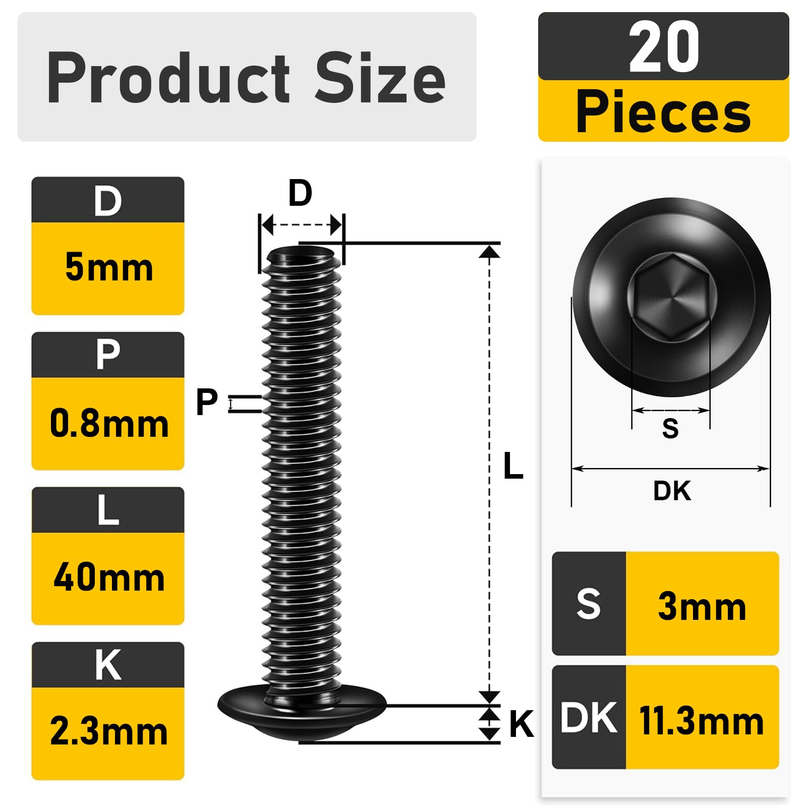 Valorada M5 Bolts, M5 x 40mm Flanged Button Head Screws Allen Socket Bolts Stainless Steel 304 Black Finish with Hex Spanner Pack of 20 - Image 2
