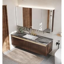 Floating Bathroom Vanity, 32 inch Solid Wood Single Sink Vanity Set Includes Smart LED Mirror Cabinet, Functional Storage Rack, Cabinet with Luxury Marble-Textured Countertop and Golden Faucet