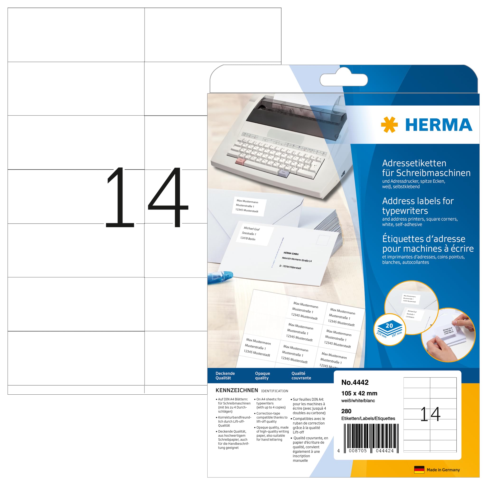 HERMA Self Adhesive Typewriter Address Labels, 14 Labels per A4 Sheet, 20 Sheets, 105 x 42 mm, 280 Labels, Blank Mailing Labels Stickers, Sticky Labels for Typewriter, White