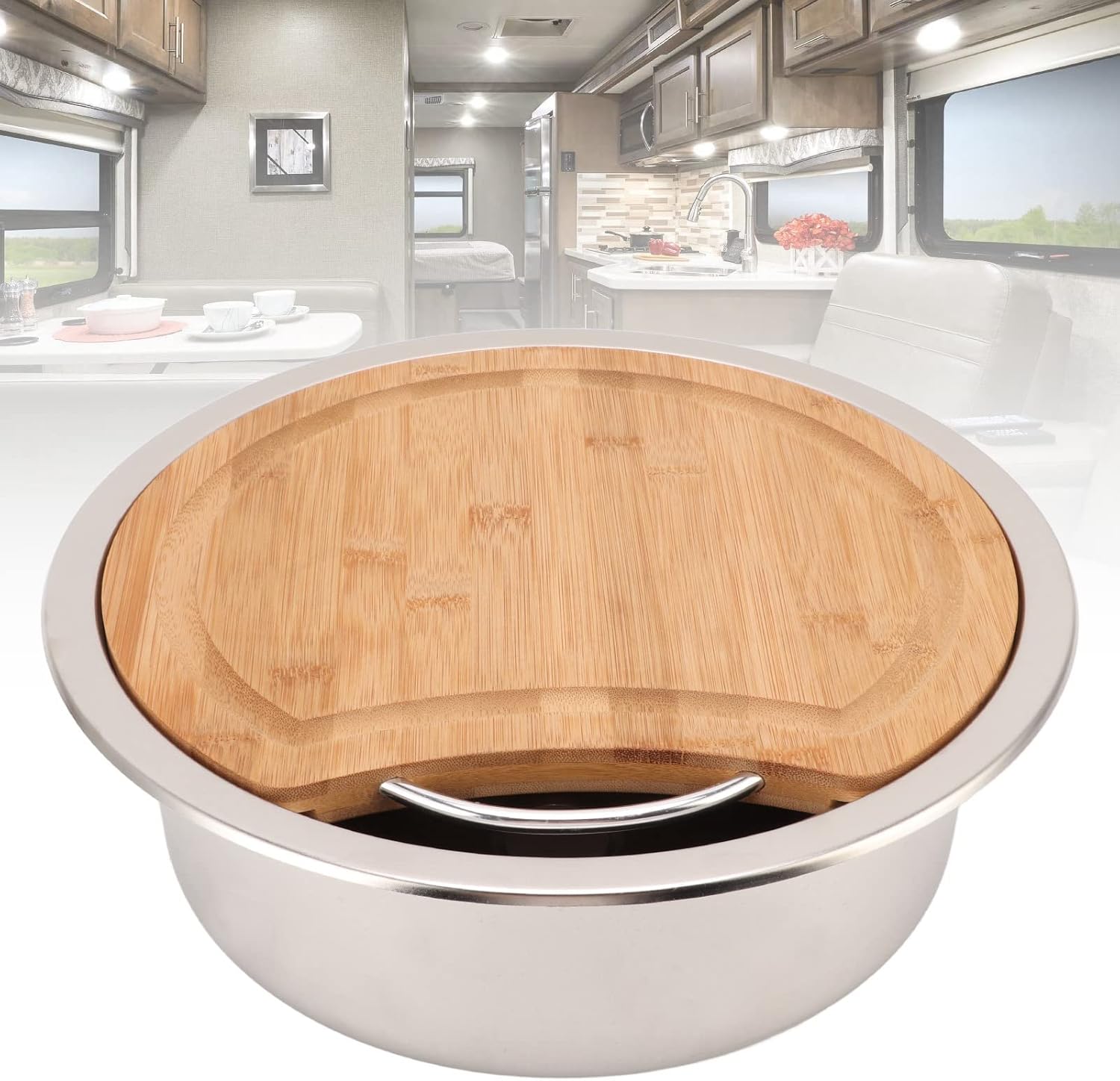 RV Sink , Polished Anti Clogging Hand Wash Sink 304 Stainless Steel 360x120mm/14 . 17x4 . 72in Rustproof Practical with Bamboo Chopping Block for Yachts