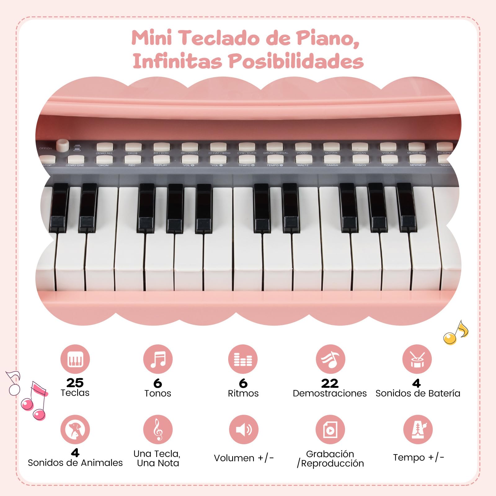 COSTWAY Teclado Piano de Madera para Niños, Piano Infantil Eléctrico de 25 Teclas con Taburete, Atril para Partituras y Micrófono, Órgano Electrónico Educativo para Niños a Partir de 3 Años, Rosa