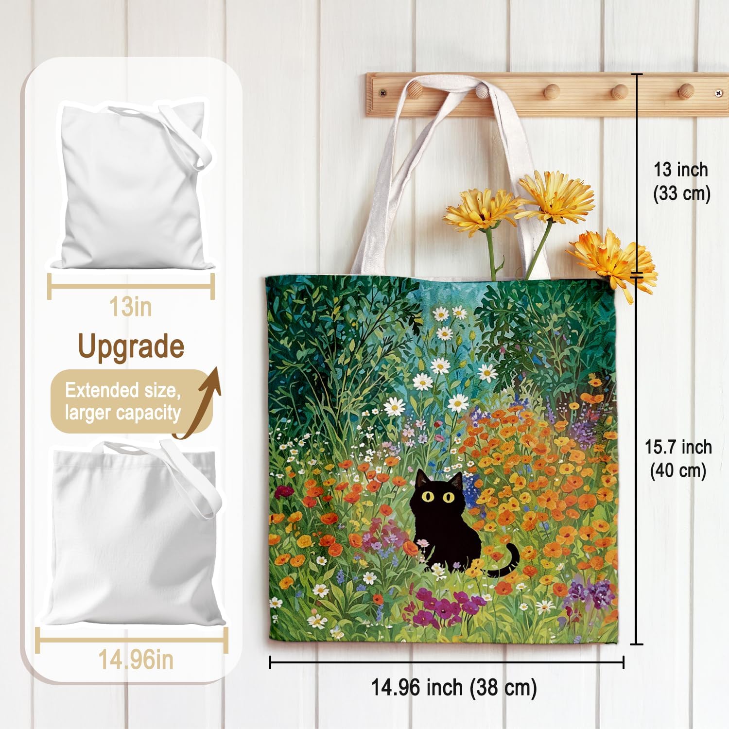 Cute Black Cat Canvas Tote Bag Aesthetic Flowers Reusable Shopping Grocery Bags Birthday Gifts for Women & Teen Girls - Image 4