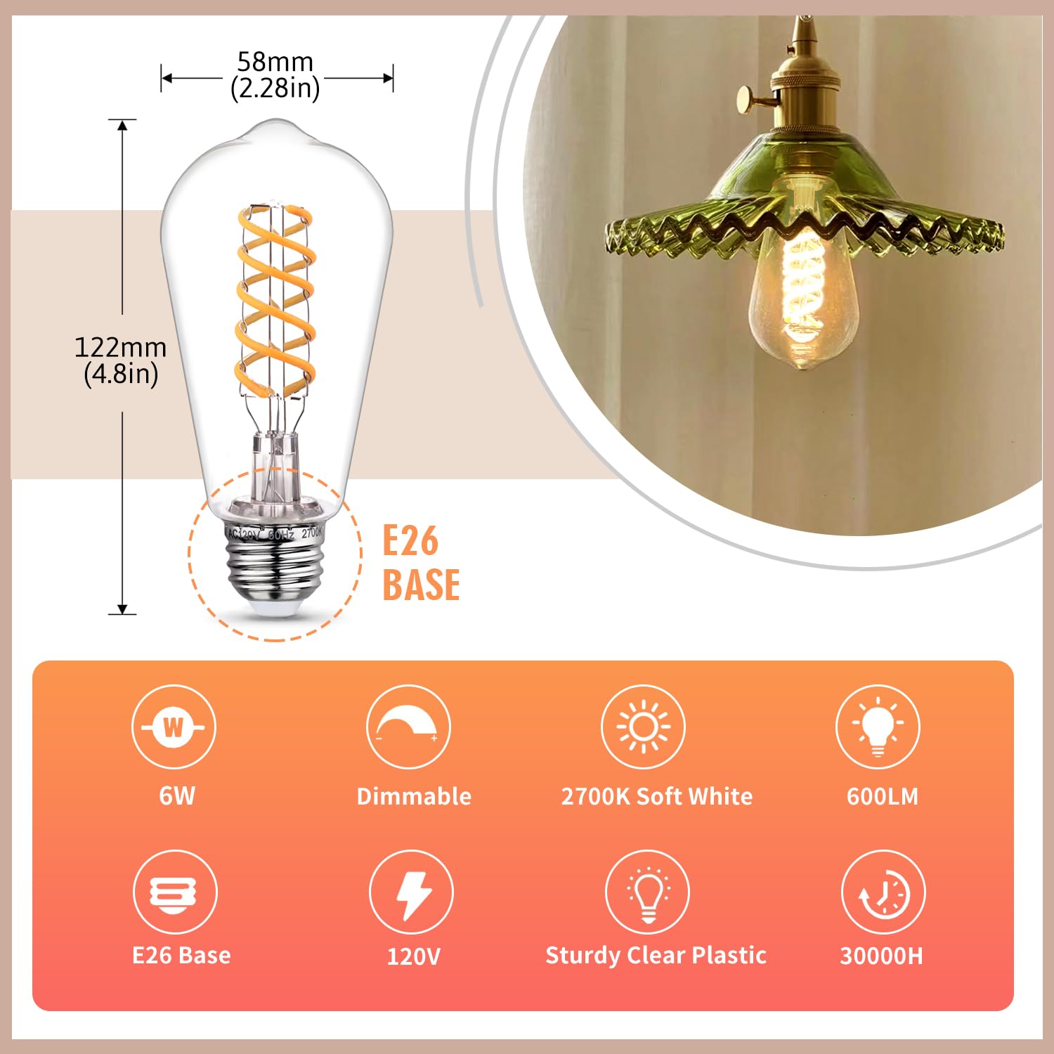 12 sztuk żarówek Edison odpowiednik 60 W, ściemniane żarówki LED vintage, średnia podstawa E26, ciepła biel 2700 K, 6 W, 600 lm, 80 + CRI, antyczna dekoracyjna żarówka LED, Shtterfroof Clear