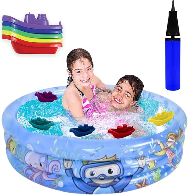 Paddling Pool for Kids - 3 Ring Inflatable Swimming Pool for Kids with 5x Bath Toys and Pump - Small Paddling Pool for Toddlers, Baby Paddling Pool for Garden and Outdoor, Inflatable Ball Pit