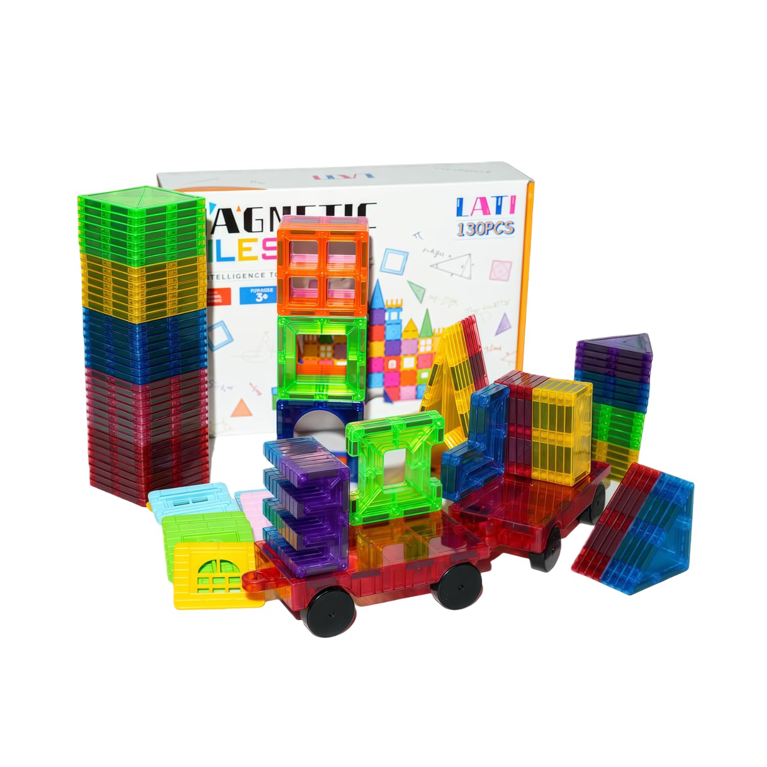130 pcs Magnetic Tiles,Large Magnet Building Blocks for Kids STEM Construction Set Clear Imagination Inspirational Educational Toddler Boys Girls Kids Toys for 3 4 5 6 7 8 Years with 2 Cars