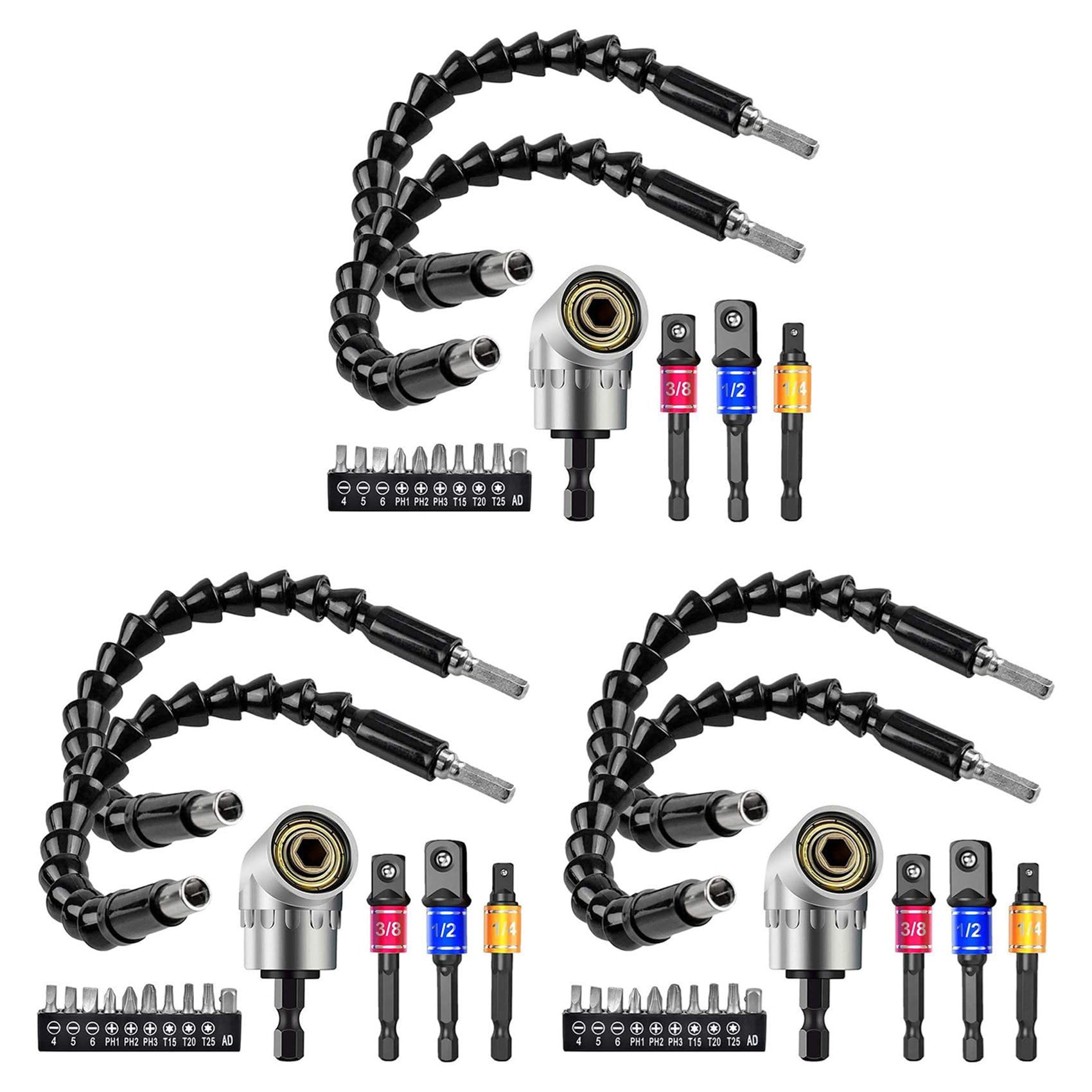 Jnchdghwa Silver & Black 3 Set Flexible Drill Extension Hex Shank Drill Nut Driver Bit Set, 9Pcs Universal Socket Adapter Set, Screwdriver Bit