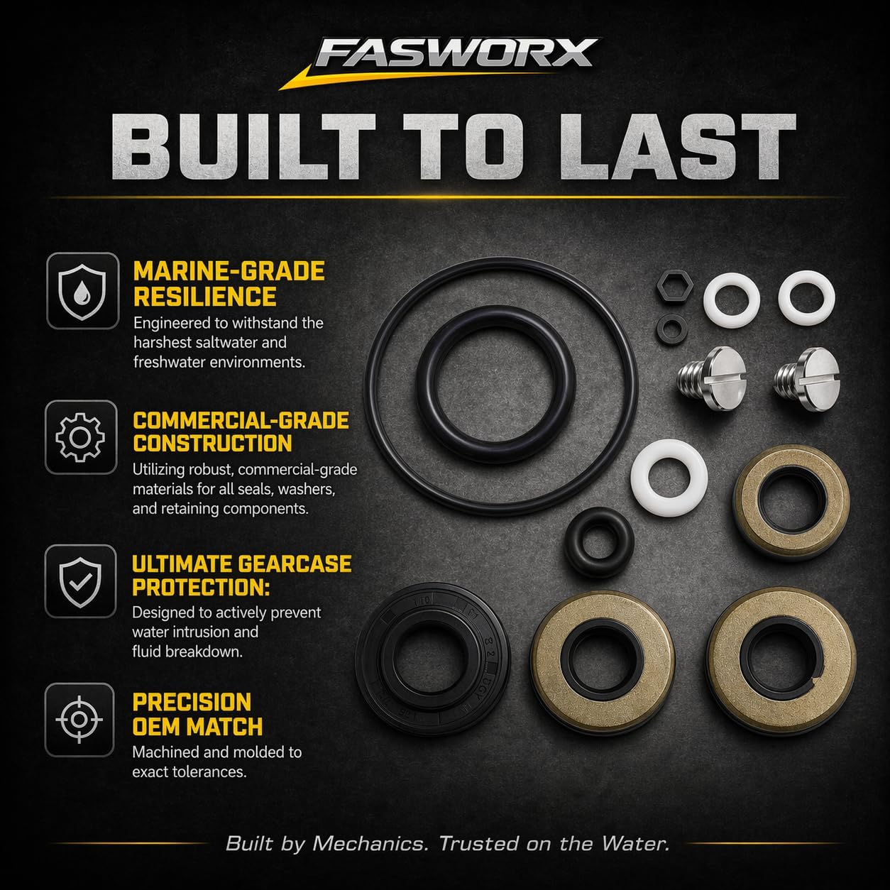 FASWORX Lower Unit Gearcase Seal Kit for Johnson Evinrude 9.9 HP & 15 HP (1974-Up), 8 HP, 10 HP Outboards - Replaces OEM 396350, 0396350, Sierra 18-2656 - Marine Grade Gear Housing Reseal Kit