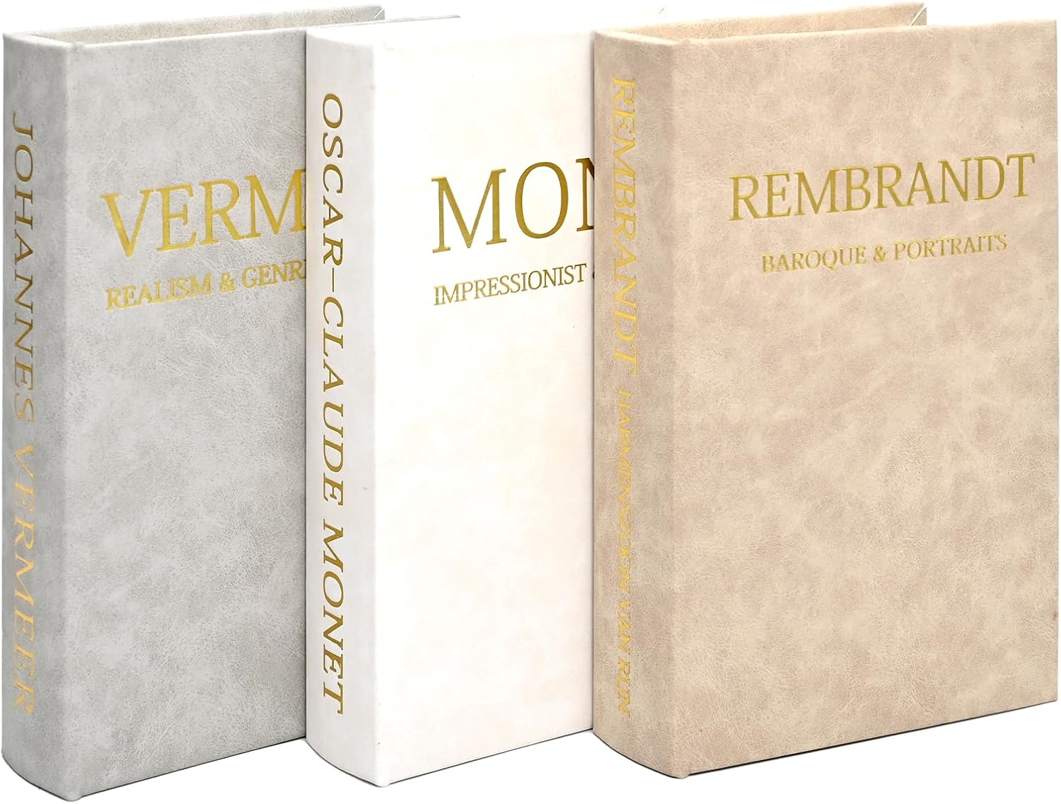 Decorative Book Boxes Set of 3 – Faux Velvet & Leather Storage Books with Hinged Lids – Hidden Organizer for Remotes & Jewelry – Coffee Table & Shelf Decor (Monet, Vermeer, Rembrandt)