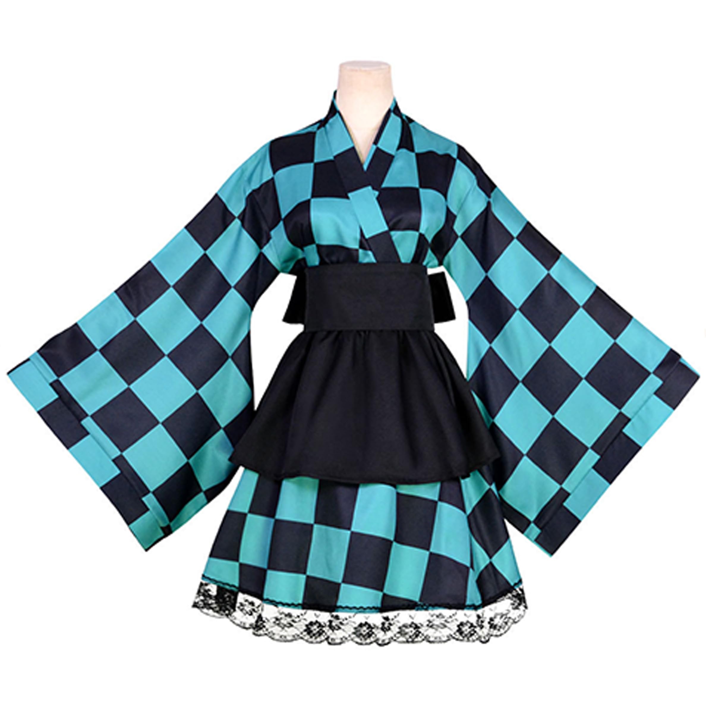 Satdflie Demon Slayer Cosplay Costume Kimono Outfits Uniform Set Girls Christmas Anime Fans Gifts Maid dress，Tanjirou/C，XXL