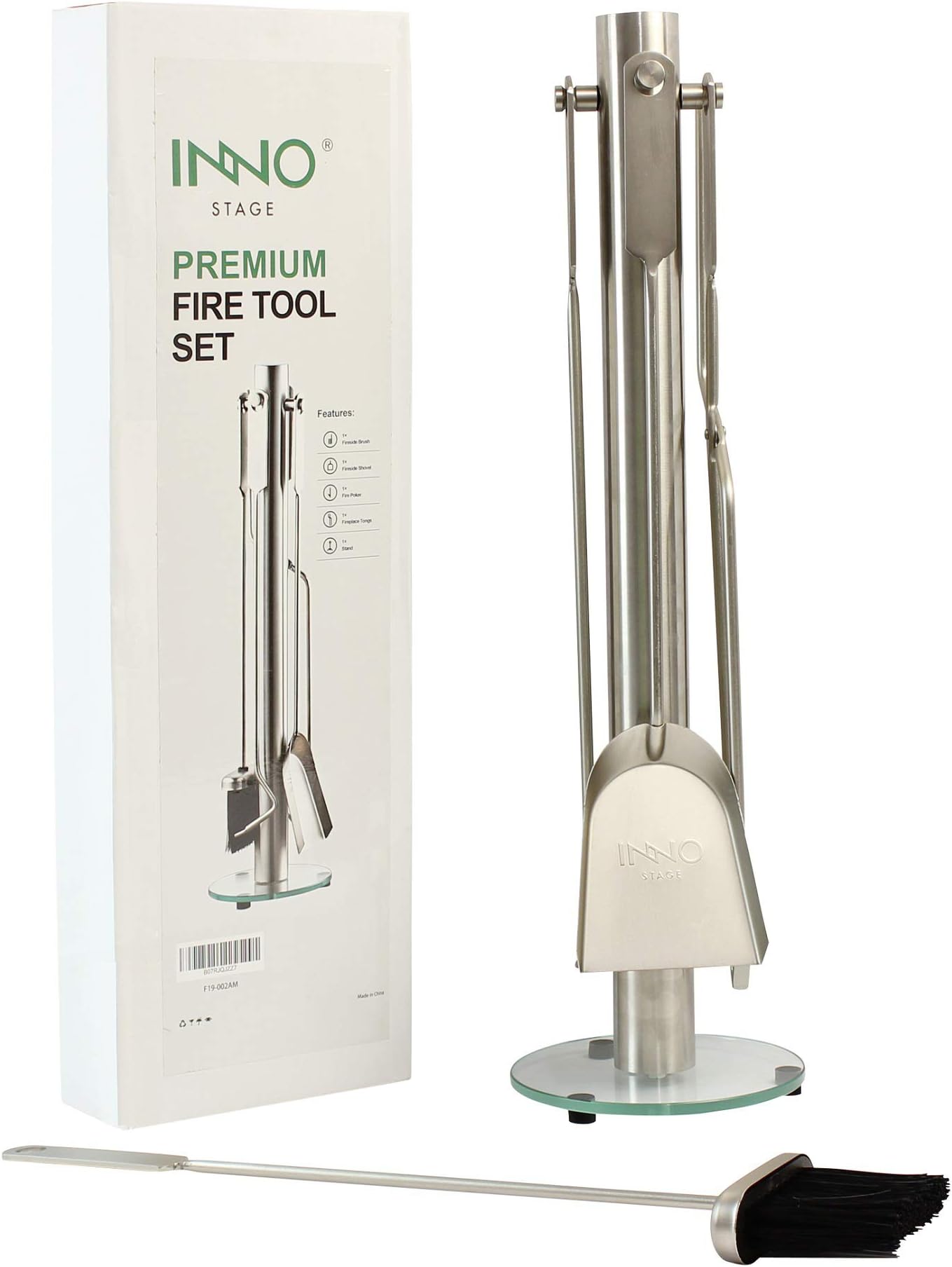 INNO STAGE 5 Pieces Fireplace Tools Set for Fire Place Pit, Stainless Steel Poker Wood Stove Log Tongs Holder Shovel and Brush Fireset Kit for Hearth Decor Accessories with Gift Box…