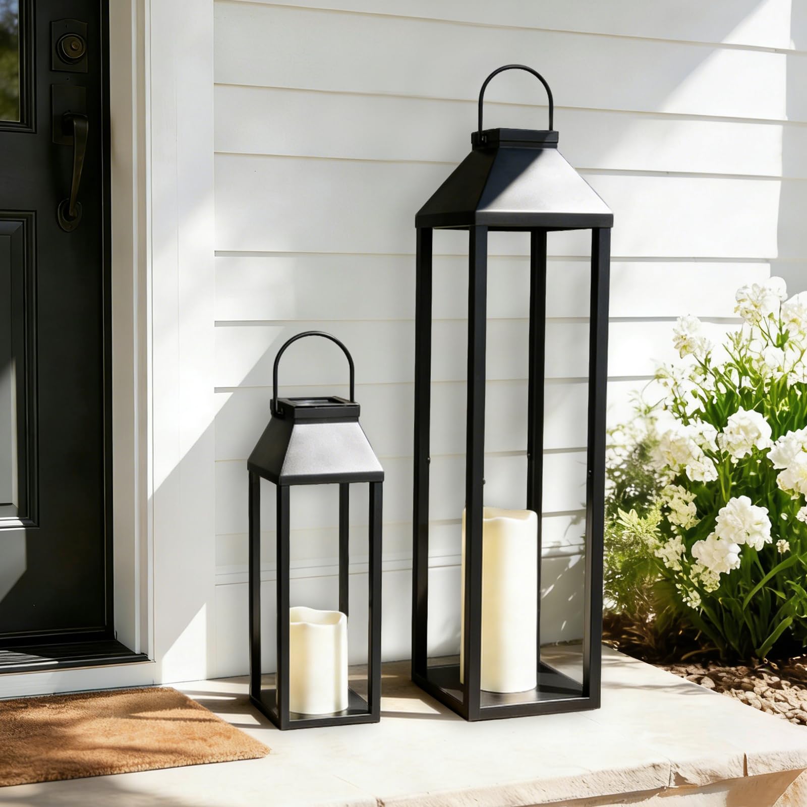Photo 1 of Large Outdoor Solar Lanterns Waterproof, Tall Farmhouse Black Metal Decorative Lanterns Solar Lights Outdoor for Front Porch Decor Outdoor Patio, Garden, Balcony, Porch, 27.6",16.3"-Set of 2