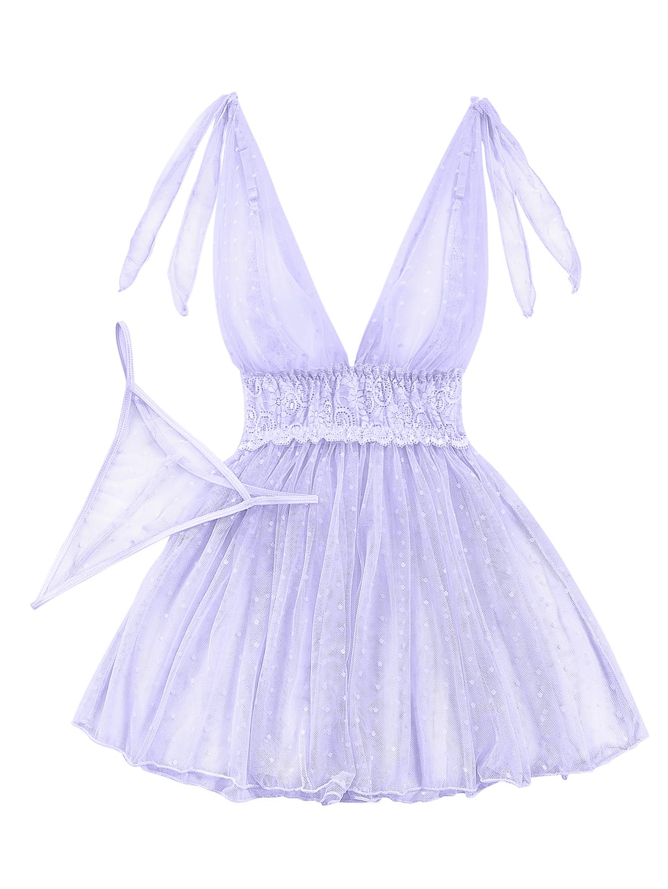 Lilosy Sexy Polka Dots Mesh Sheer Lace Babydoll Chemise Lingerie Set Floral Sleep Wear: Small Light Purple