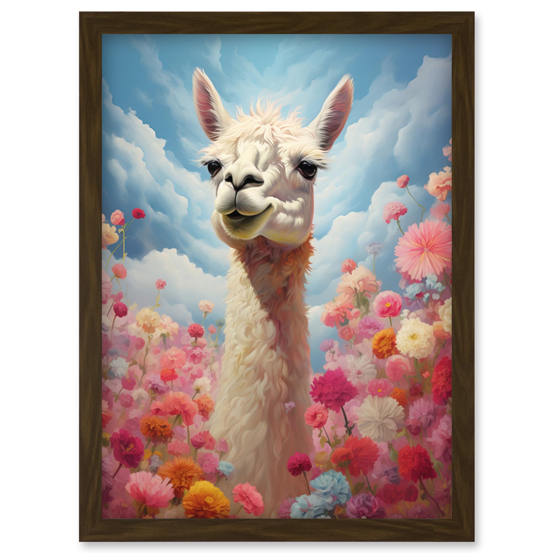 Artery8 Happy Llama Peeking Head Over Pink Flowers Bright Colourful Artwork Kids Bedroom Dreamy Spring Meadow Artwork Framed Wall Art Print A4