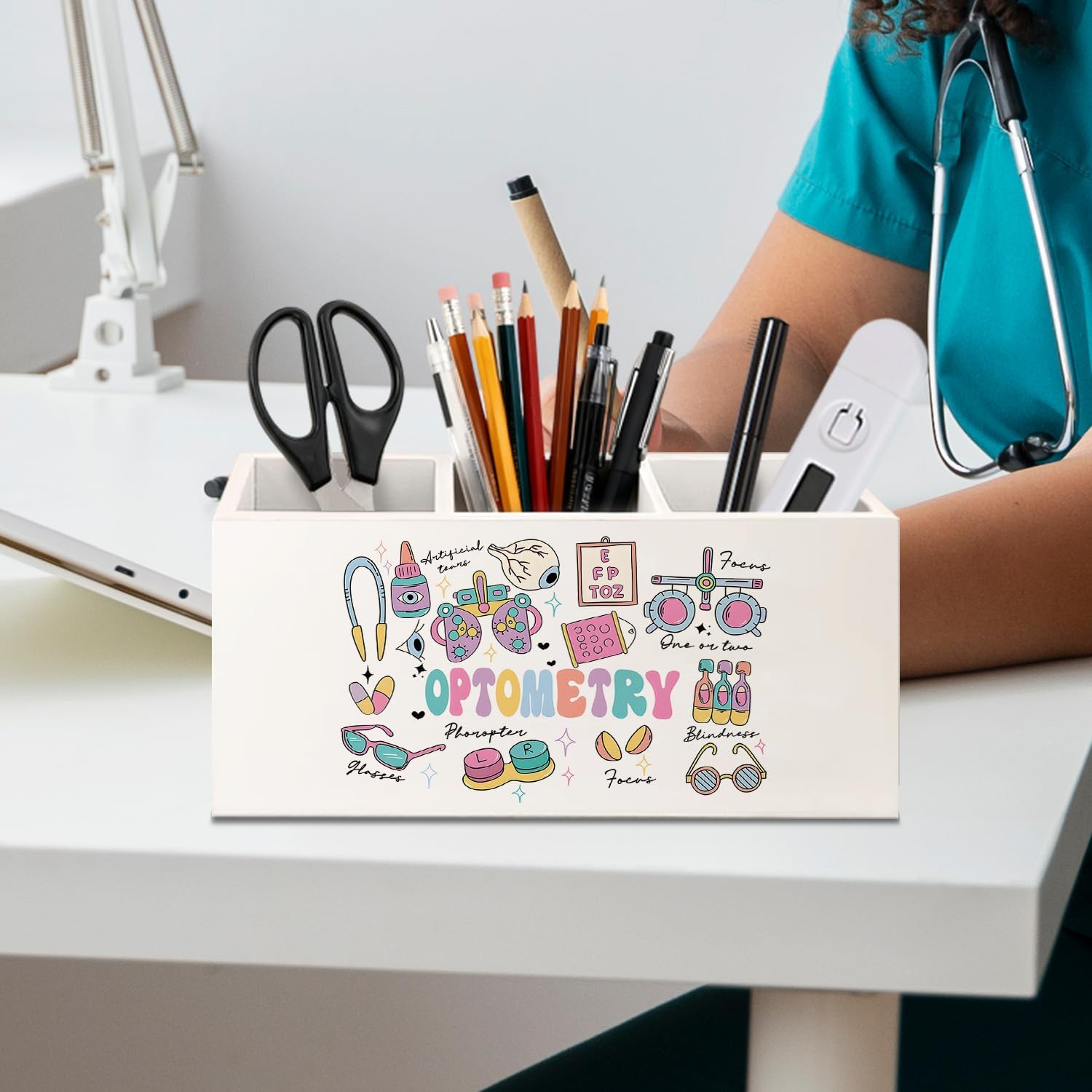 Optometry Gifts Pen Holder for Desk, Eye Doctor Gifts Wooden Box Sign Desk Decor for Office Home Decoration, Gift for Optician Ophthalmic Technician Pencil Organizer image 5