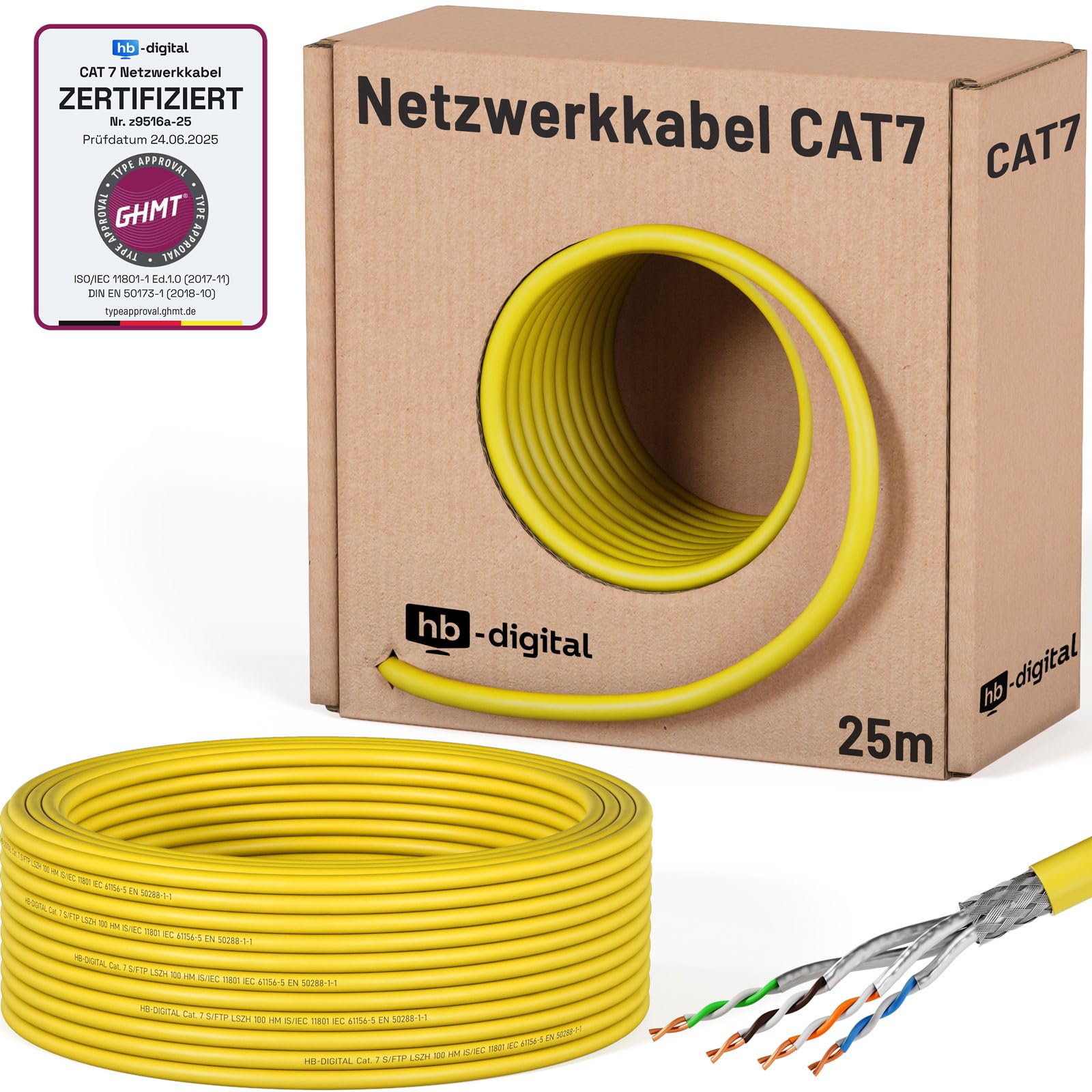 HB-Digital 25m Cavo di rete LAN CAT 7, cavo di posa, Ethernet, cavo di installazione, 10 Gbit/s, AWG23, S/FTP - Certificato GHMT - Rame puro, LSZH, cavo dati Simplex - Giallo