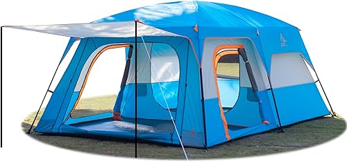 KTT Extra Large Tent 6-10-12-14 Person(B),Family Cabin Tents,2 Rooms,3 Doors and 3 Windows with Mesh,Straight Wall,Waterproof,Double Layer,Big Tent