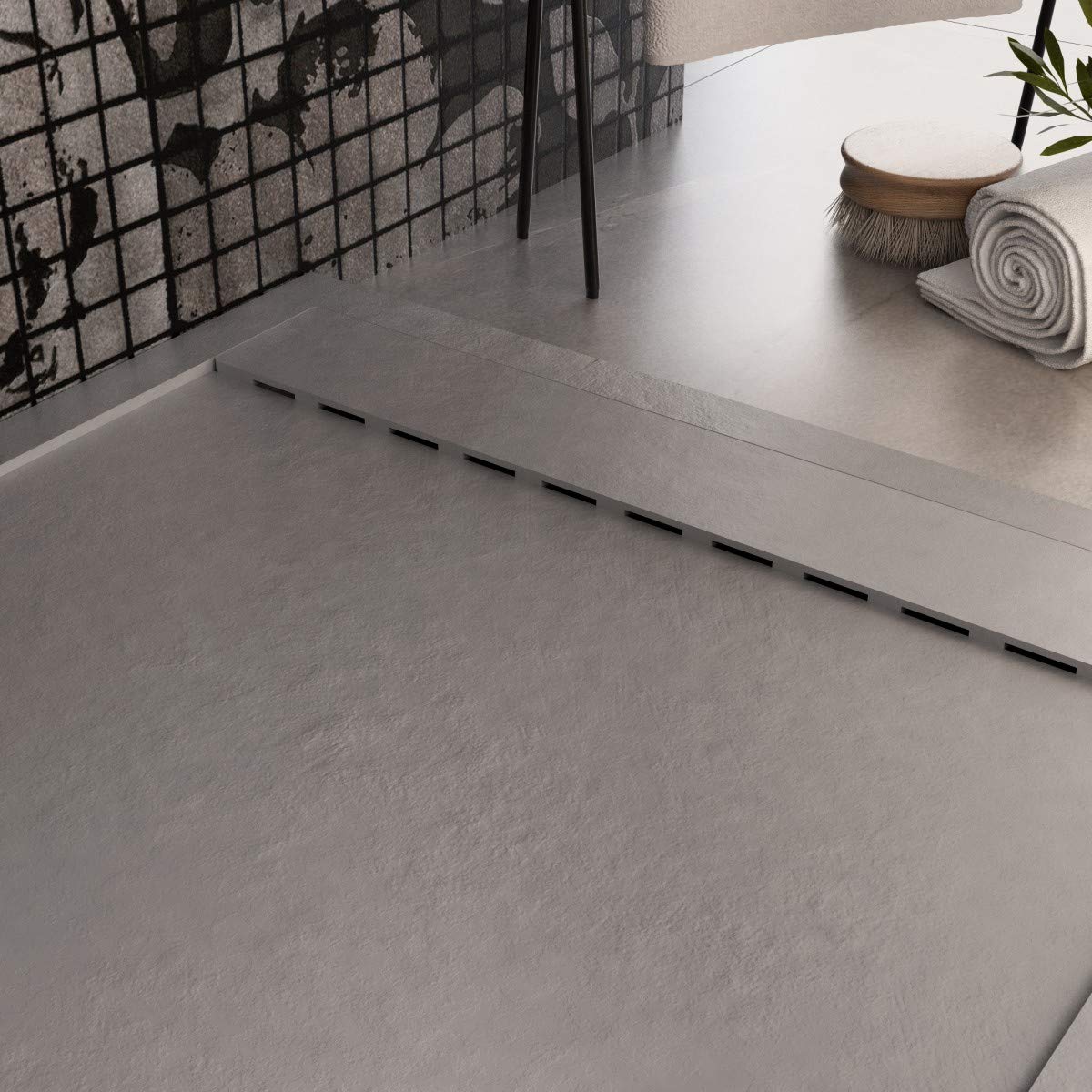 Luminosa ArredoBagno Plato de ducha de resina 150 x 70 cm, efecto piedra antideslizante con gel – Modelo Luxury gris claro – Rejilla de color liso y pileta incluidas