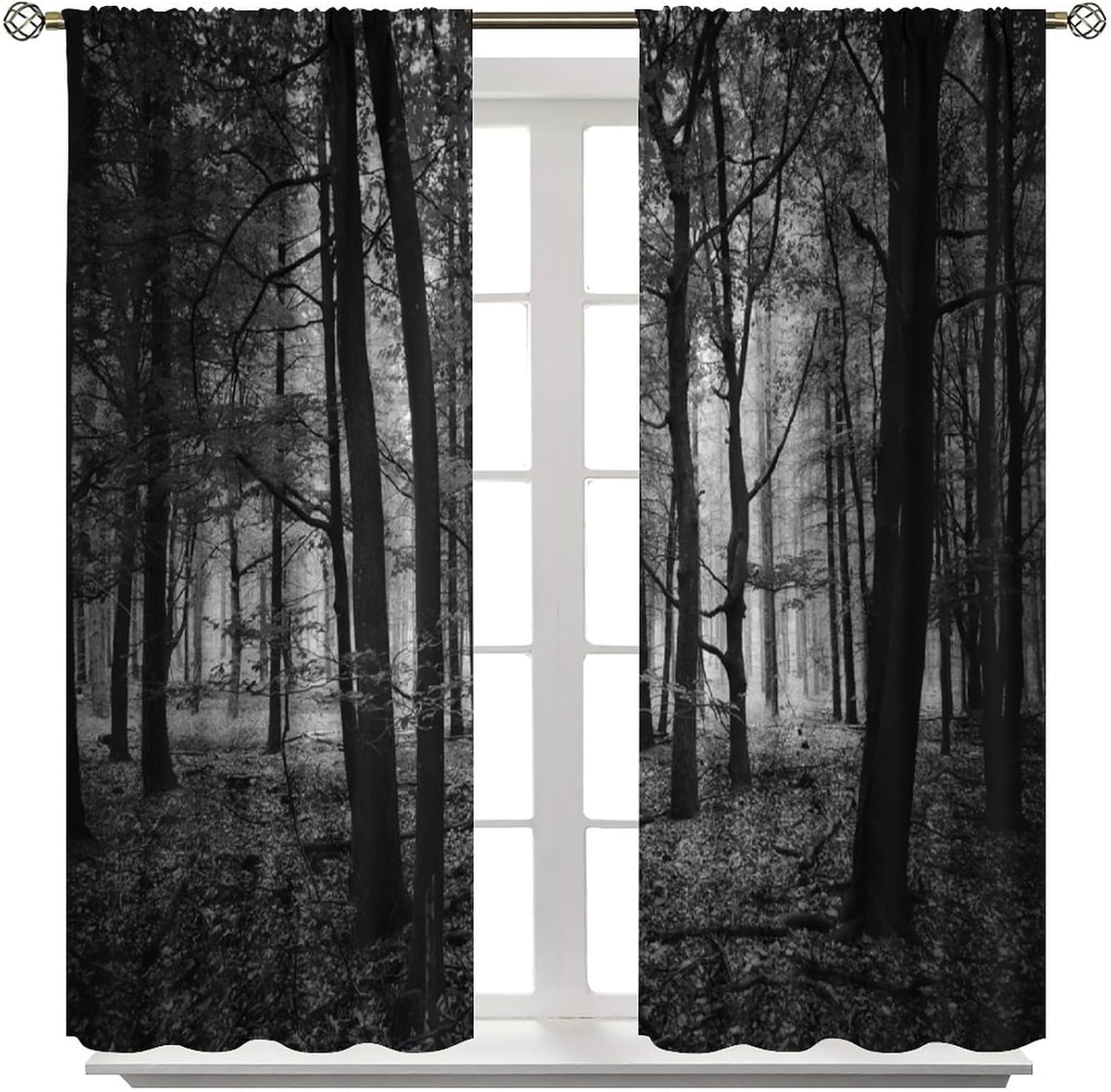 Forest Blackout Curtains,Gothic Natural Scenery Fantasy Dark Black Misty Foggy Mysterious Forest Woodland Tree Art Printed Windows Treatments Rod Pocket Drapes For Living Room Bedroom Kitchen 72x63in