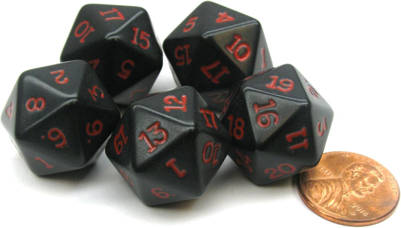 Set of 5 Twenty Sided 19mm D20 Opaque Dice RPG D&D Black with Red Numbers Die