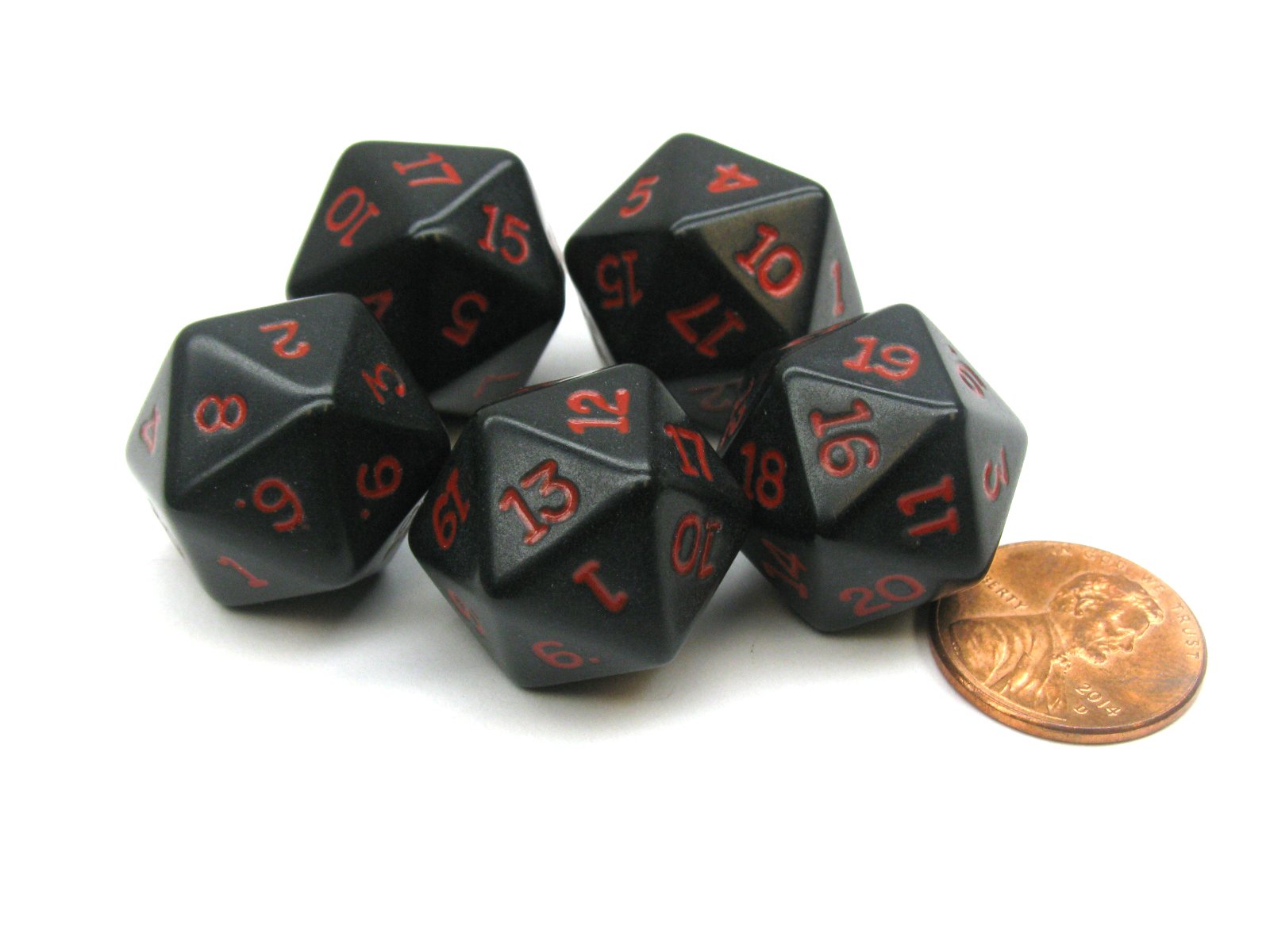Koplow Games Set of 5 Twenty Sided 19mm D20 Opaque Dice RPG D&D Black with Red Numbers Die