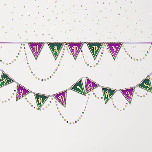 Cheerland Juego de guirnalda de banderines de Mardi Gras y cuentas de papel, banderines triangulares, cuentas verdes, moradas y doradas, 156 pulgadas