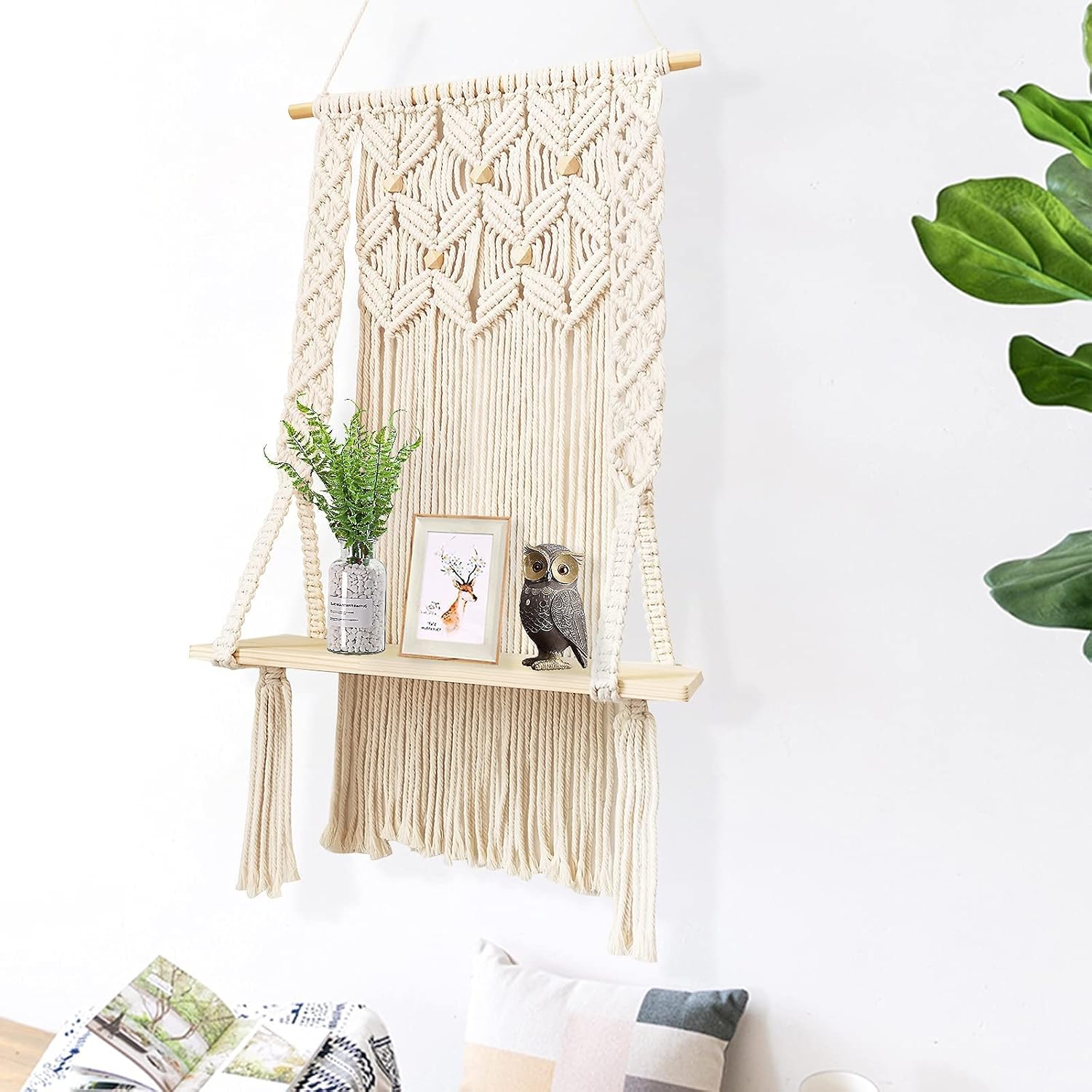 Macrame Wall Shelves Hanging Shelves,Floating Shelves Boho Rustic Decor,Wood Shelves for Bedroom,Bathroom,Living Room (Wooden Beads)