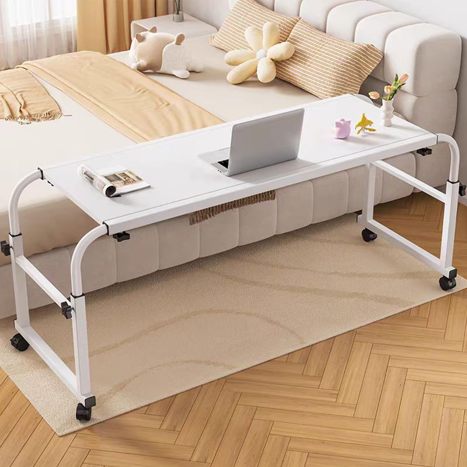 Genérico Mesa De Cama Móvil, Mesa Sobre Cama Con Ruedas, Marco De Acero Engrosado, Ajustable Hacia Arriba Y Hacia Abajo, Con Esquinas Redondeadas Para Evitar Golpes.120*45*65cm(Color: blanco)