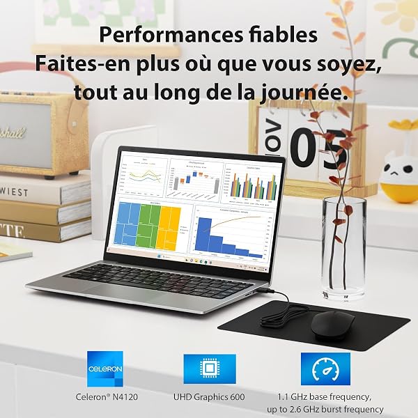 Ordinateur Portable 14 pouces, 16Go DDR4 RAM 256Go SSD Win11 PC Portable, Celeron N4120, 1920x1080 FHD IPS, 5G WiFi/Mini HDMI/USB/BT, Soutien Extension 1TB, inclut Souris/Tapis de Souris/AZERTY Film - 2