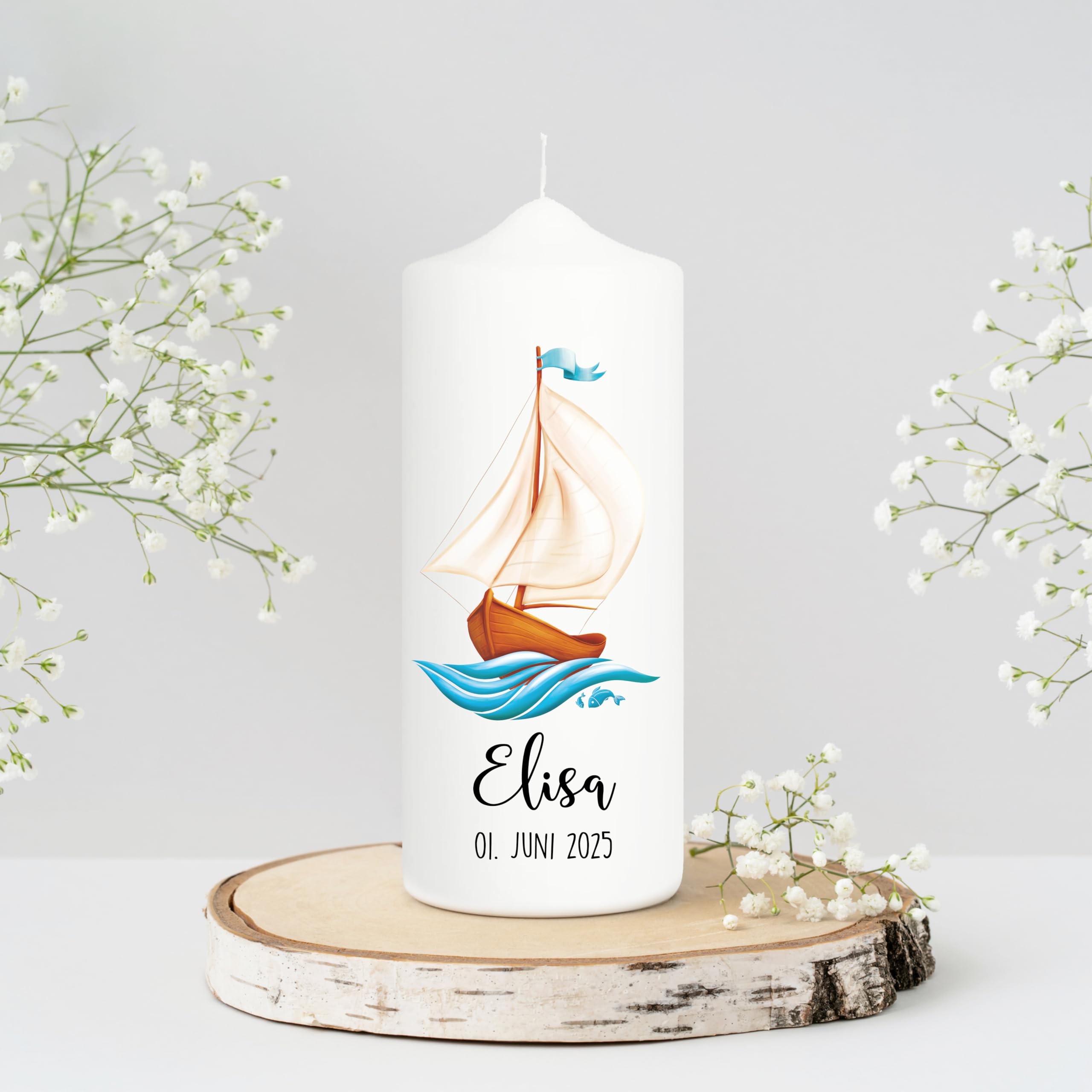 Wandtattoo Loft Taufkerze + Patenkerze Junge Motiv mit einem Boot Schiff, 25 cm x 7cm, personalisierte Kerze, bedruckte Kerze zur Taufe, Stumpenkerze, individuelles Taufgeschenk