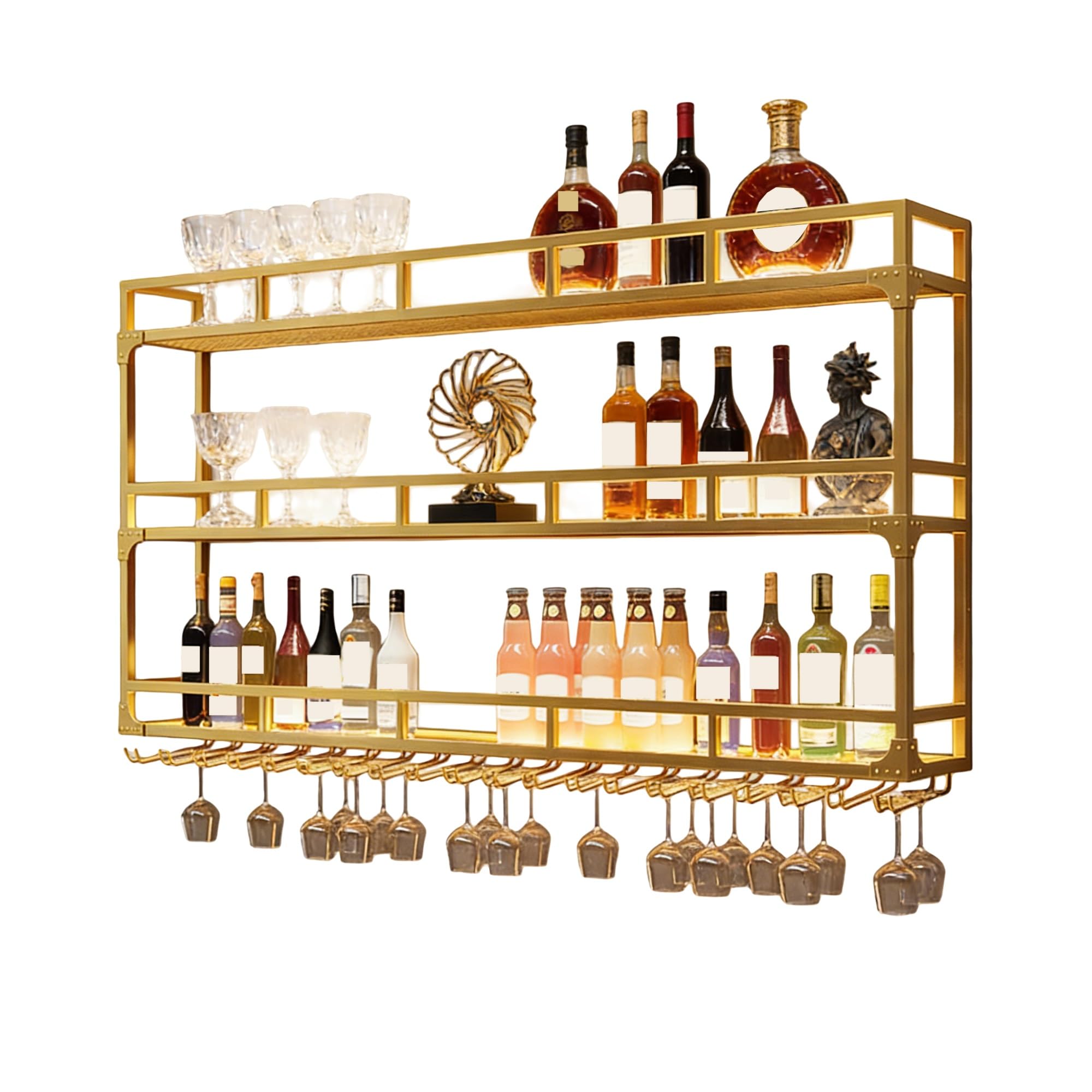 Portabottiglie da Parete Porta Bottiglie di Vino con Portabicchieri Scaffale da Parete per Cucina Sala da Pranzo Bar(Gold-3,100cm)