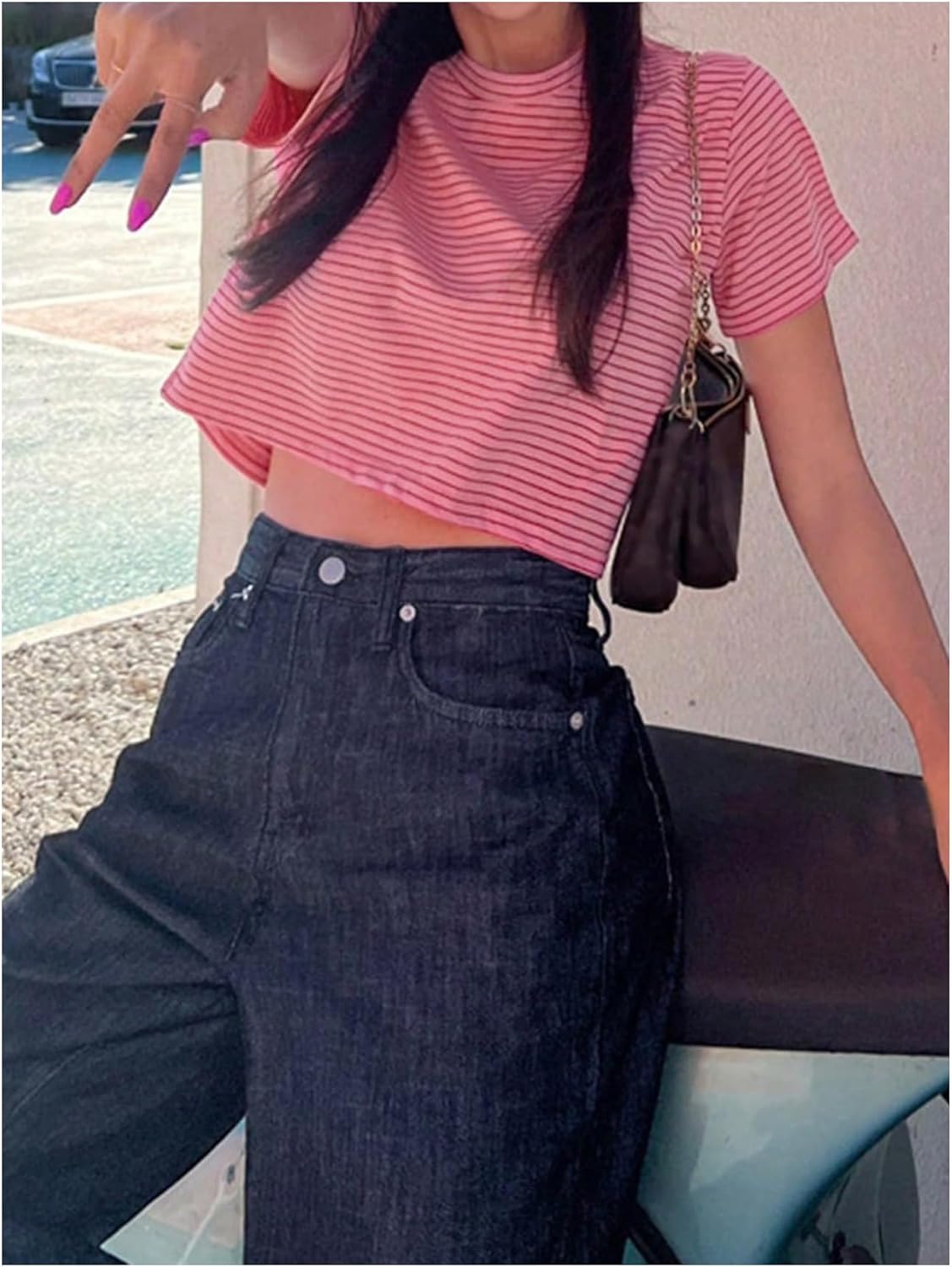 Floerns Women's Striped Short Sleeve T Shirts Crew Neck Summer Casual Tee Crop Tops - Image 2