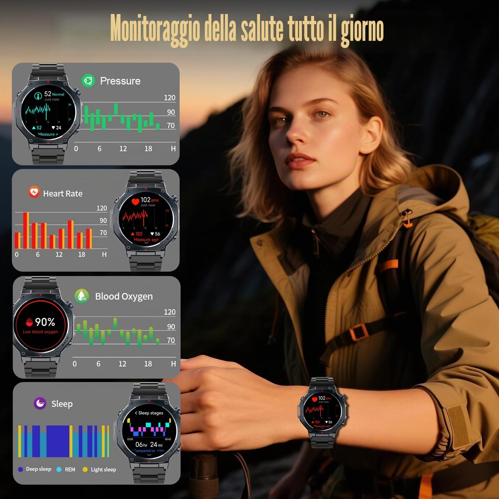 Smartwatch Uomo GPS, 1.43" AMOLED Militari Orologio Smartwatch con Chiamate Bluetooth, 5 ATM Smart Watch con Sonno/Cardiofrequenzimetro/Torcia/Bussola, 160+ Sportive Fitness Tracker per Android iOS