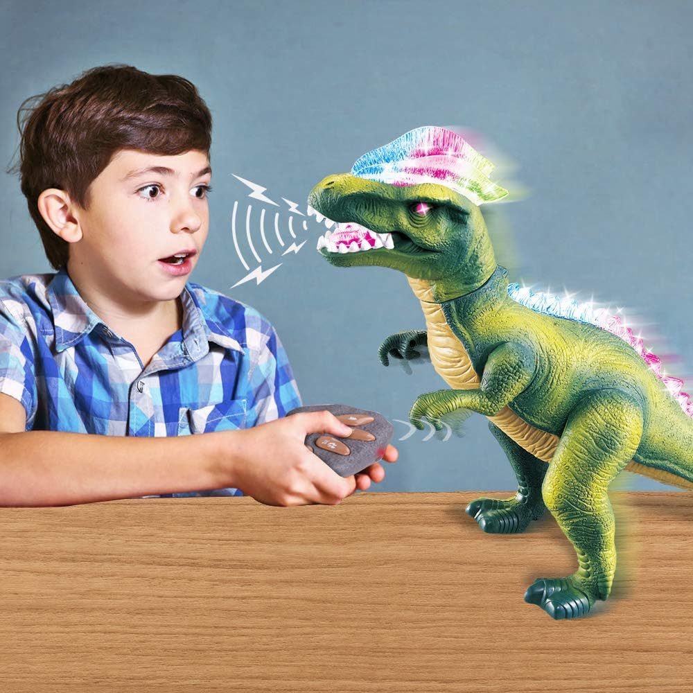 Remote Control Dinosaur for Kids with Light Up Eyes and Roaring Sound, Walking Dinosaur Robot Dinosaur, Big RC Dinosaur, Large Size 17 Inch Realistic Dilophosaurus, Toy for Boys Girls Ages 3+ - Green