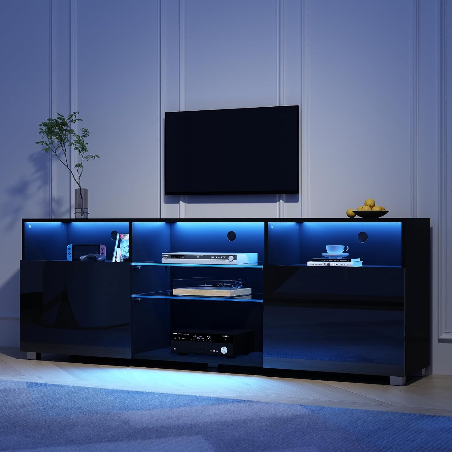 St.Mandyu LED TV Stand for 65/75 inch TV, Modern Television Table Center Media Console with Drawer and Led Lights, High Glossy Entertainment Center for Living Game Room Bedroom(Black)¡ - Image 3