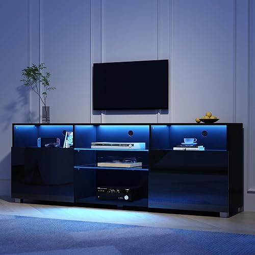 Miniatura 3 de St.Mandyu Soporte de TV LED para TV de 6575 pulgadas, moderno centro de mesa de televisión con cajón y luces LED, centro de entretenimiento de alto