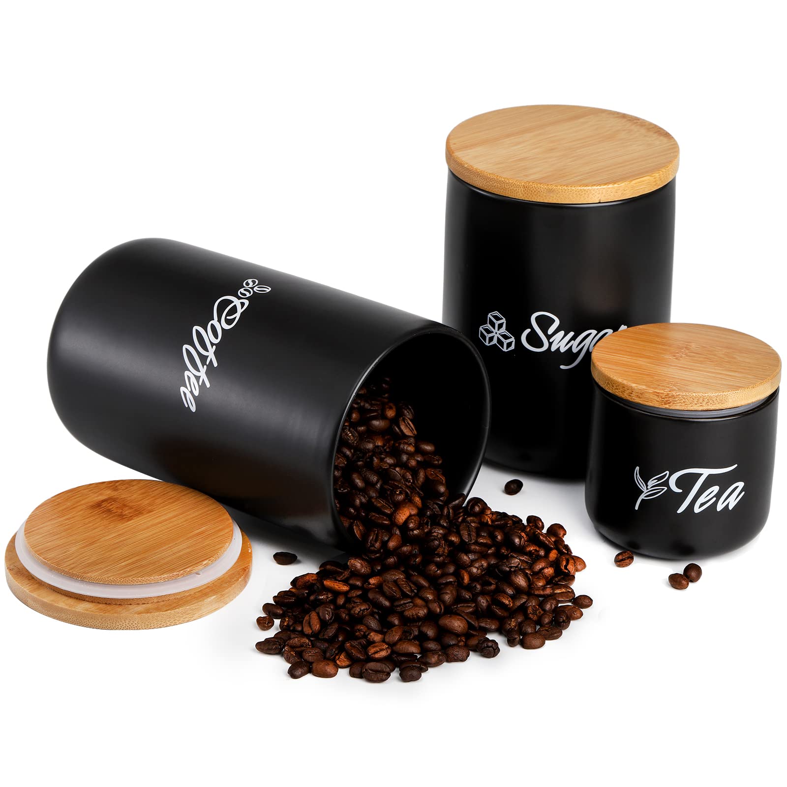 TOPZEA Set di 3 contenitori da cucina, in ceramica, con coperchio in bambù, ermetici, per tè, caffè, zucchero, cucina, vasetti per alimenti, vasetti per dispensa, piano di lavoro, nero