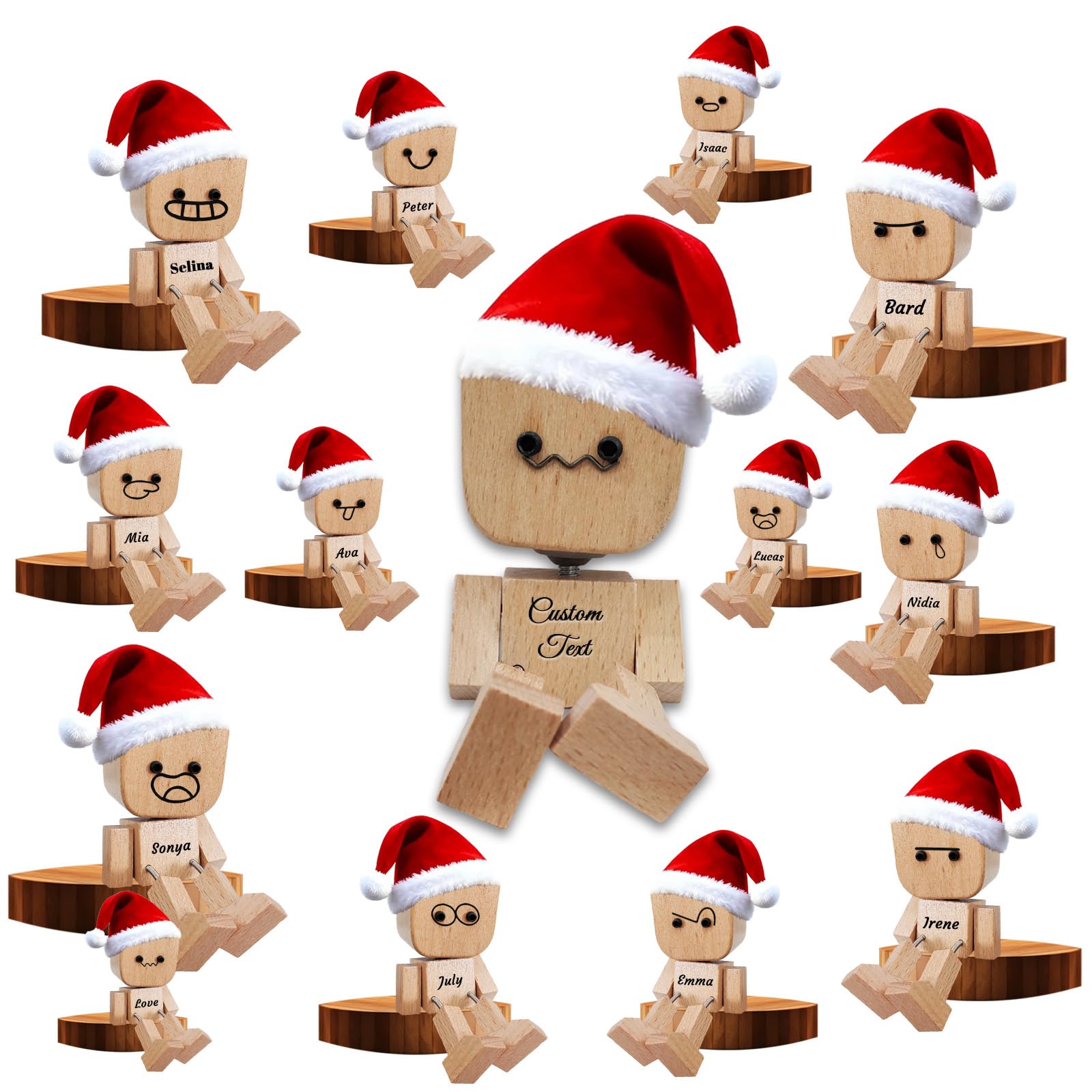 Qsz Men's Shaking Wooden Man-Christmas Custom Shaking Wooden Man Figurine With Name Wooden Man With Wobbly Legs & 12 Magnetic Expressions Personalized Gift For Desk Accessories Car Accessories For (Shaking Wooden Man-Christmas)