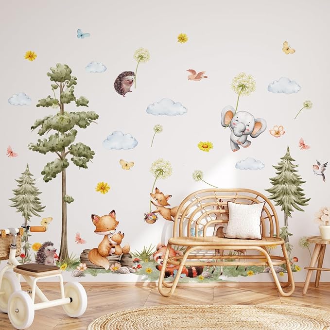 Waldtiere Wandtattoo Kinderzimmer Wandbilder Wandsticker Kinderzimmer Jungen Mädchen Wandtattoo Waldtiere Dschungel Tiere Baum Fuchs Pusteblume Wandaufkleber Kinderzimmer Babyzimmer Schlafzimmer