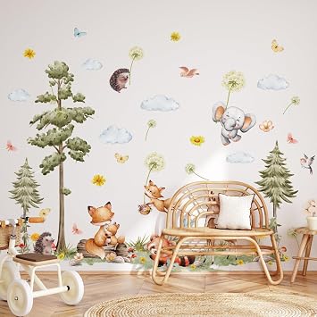 Woodland Animals Wall Decals Forest Nursery Wall Stickers Peel and Stick Baby Kids Room Decor with Fox, Deer, Hedgehog, 45x33 inches