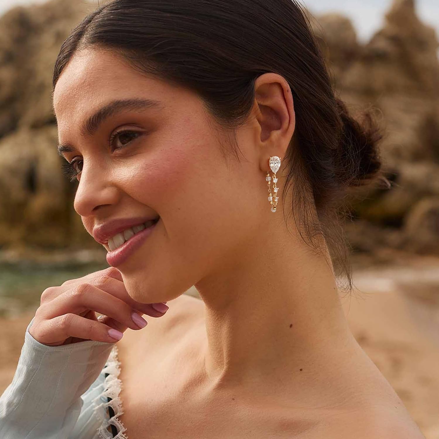 14K Gold Plated Dangle Earrings for Women, Hypoallergenic Long Chain Drop Earrings, Dainty CZ Teardrop Earrings, Trendy Elegant Wedding Jewelry Gifts for Women - Image 3