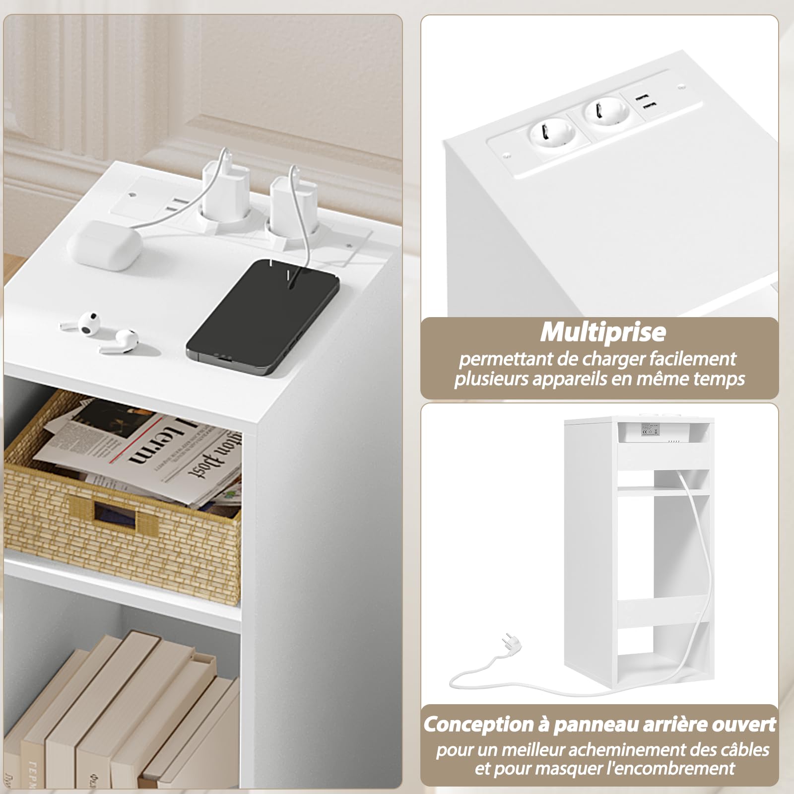 WOLTU Table de Chevet, Table d’appoint avec Station de Charge, 2 Compartiments Ouverts, 2 Ports USB+2 Prises, Blanc, 25x30x60cm, NTS06ws