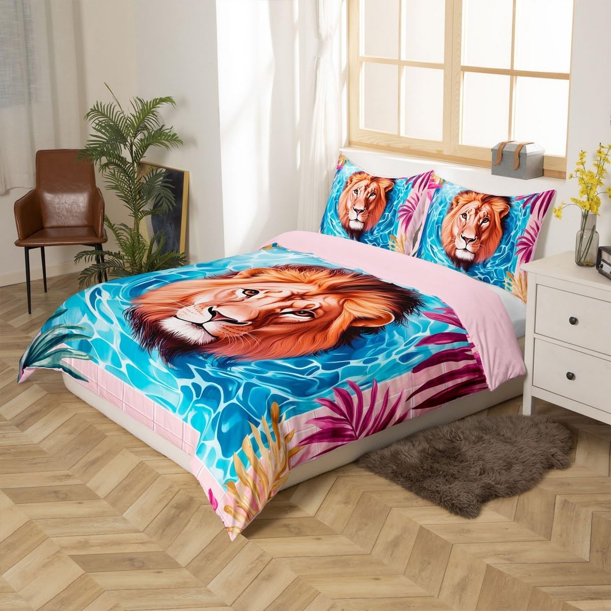 Lion Duvet Cover Toddler Size,Tropical Safari Animals Comforter Cover with 1 Pillowcase,Swimming Pool Wildlife Bedding Set 2pcs for Kids Bedroom Decor,Rustic Palm Leaves Quilt Cover,Not Comforter