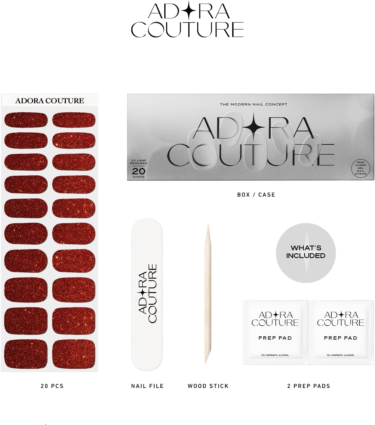 Adora Couture Semi Cured Gel Nail Strips with 20 Pieces - UV Gel Stickers, Manicure Kit, Easy Application Wraps Includes Prep Pads, Nail File, Wooden Stick - UV Light Required (Red Glitter)
