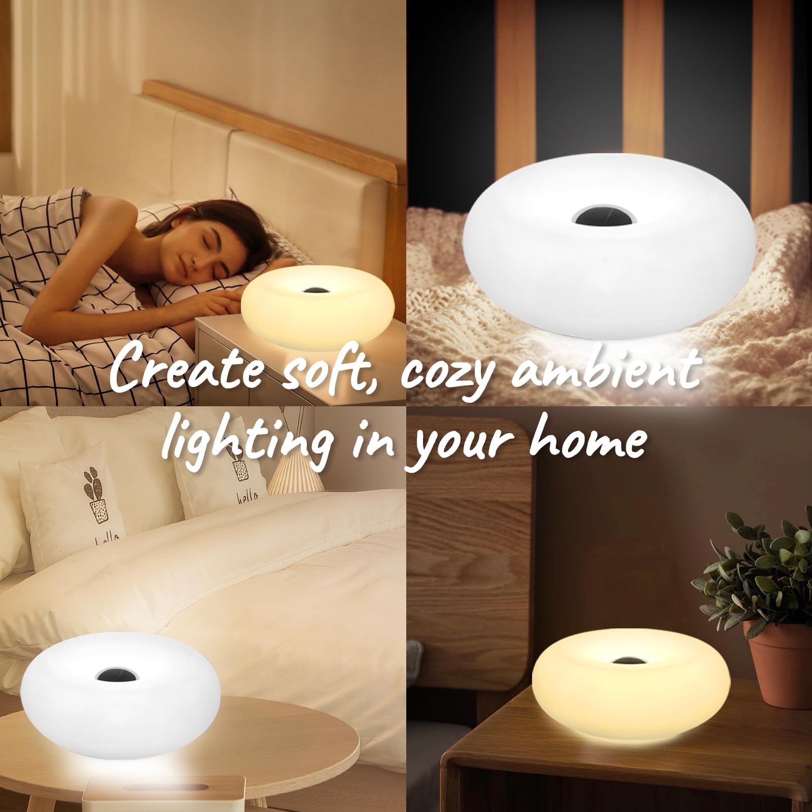 Moderne Donut-Tischlampe im Designer-Design, LED-Nachttischlampe mit strapazierfähigem Lampenschirm, rotationsgeformte kleine dimmbare Nachttischlampe mit 3 Lichtfarben (KEIN Glas) (Weiß)