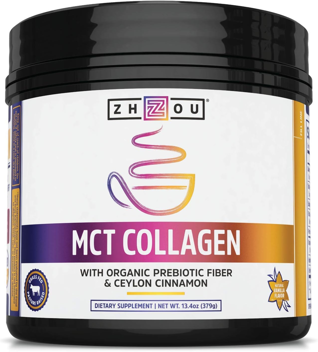 Zhou MCT Collagen | with Organic Prebiotic Fiber & Ceylon Cinnamon | 25 Servings