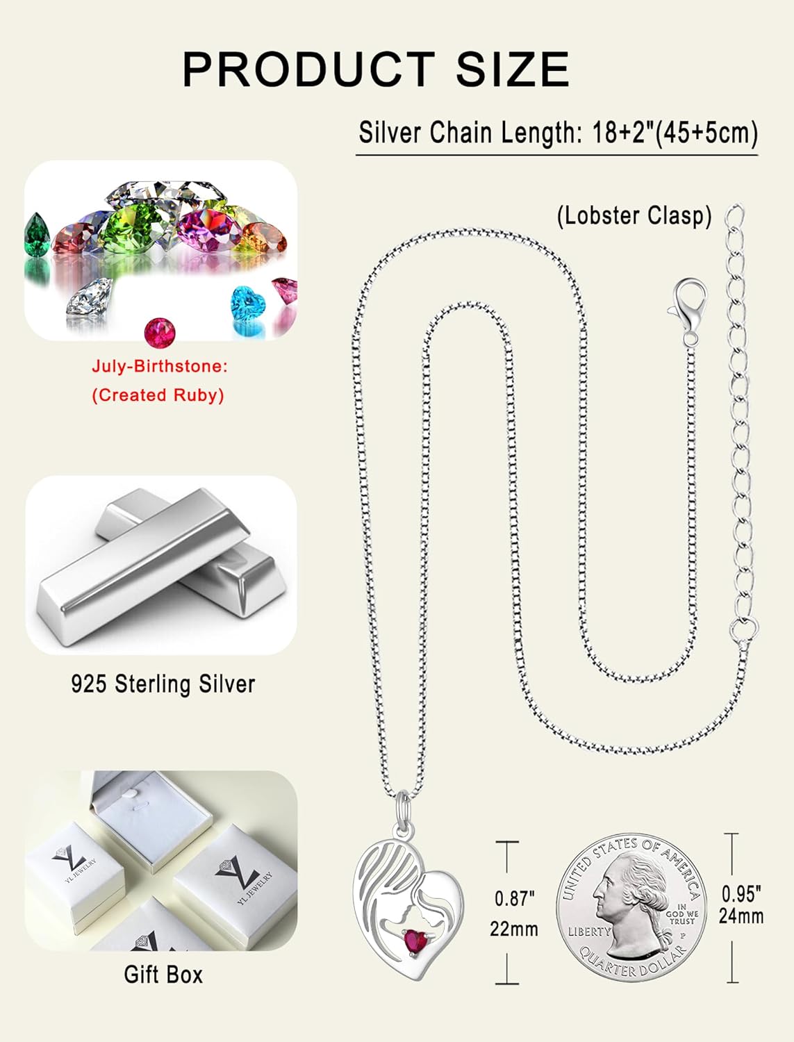 YL Mother Necklace for Women 925 Sterling Silver Mum Heart Pendant Birthstone Jewelry for Mom - Image 6