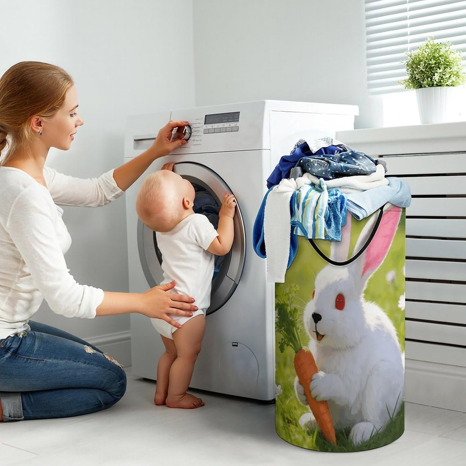 Rabbit Laundry Hamper with Handles Waterproof Collapsible Laundry Basket Large Lightweight Round Dirty Clothes Hamper for Home Dorm Bathroom Decor