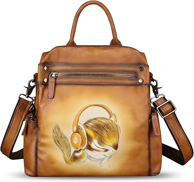 Genuine Leather Backpack for Women Hand Painted Knapsack Purse Handmade Rucksack Casual College Bag Convertible Daypack (Pattern1)
